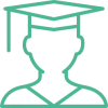 An outlined icon of a graduate wearing a mortarboard hat