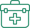 An outlined icon of a first aid bag with a medical cross on the front